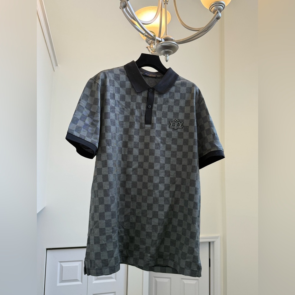 Men's Gray Check Polo Shirt with Crown Logo LV
